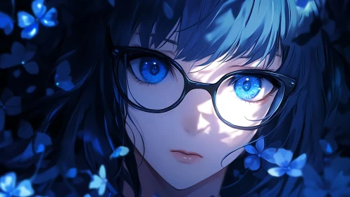 Gentle blue gaze among softly glowing night blossoms.