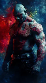 Muscular humanoid figure with red markings in cosmic field.