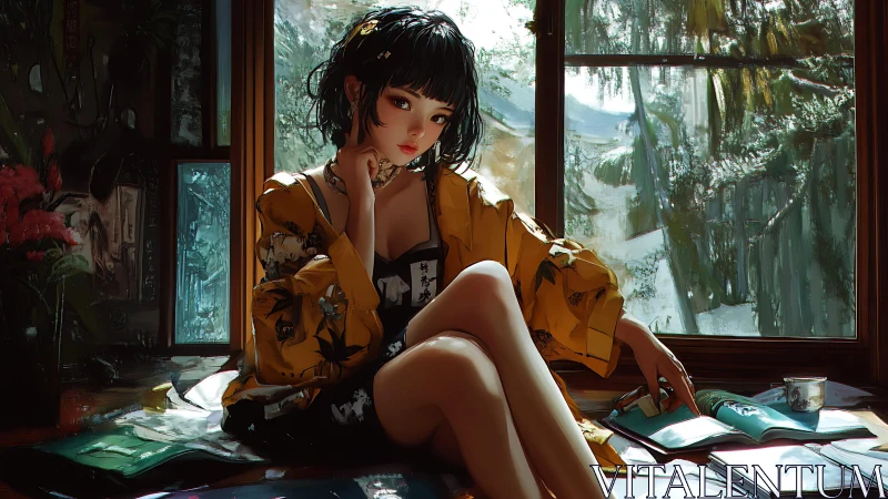 Interior-lit reader in yellow kimono under diffused windowlight.