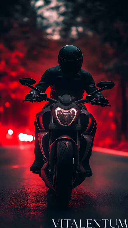 Motorcyclist rides toward camera on wet road at night