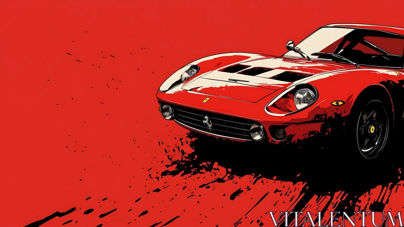 Vintage red sports car racing ahead on bold red canvas.