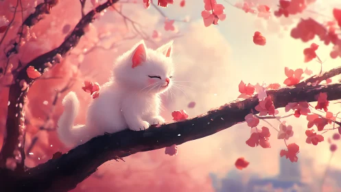 White kitten perched on branch with pink cherry blossoms in soft-focus backlit composition