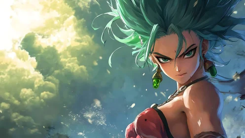 Dynamic anime warrior rendered with dramatic atmospheric lighting