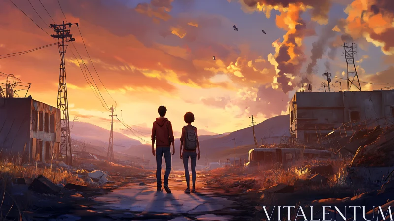 Two figures on ruined road under vivid sunset sky.