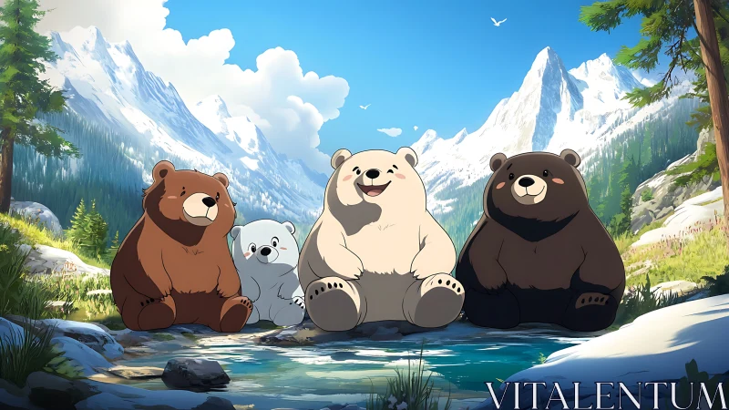Cartoon bear family rests by alpine stream under peaks.
