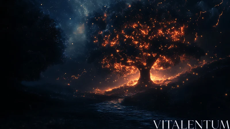 Luminescent tree silhouette against starfield with radiant energy