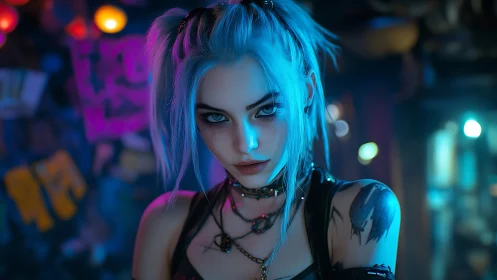 Cyberpunk portrait of blue haired punk girl in neon bar interior