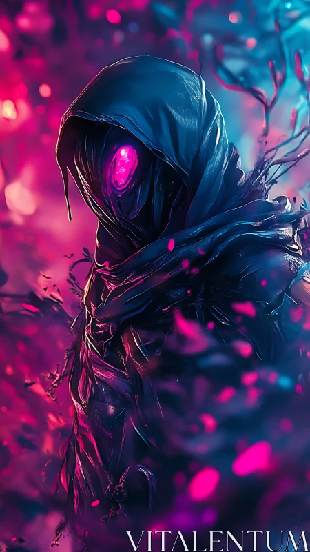 Hooded void wraith emerges in neon bioluminescent haze