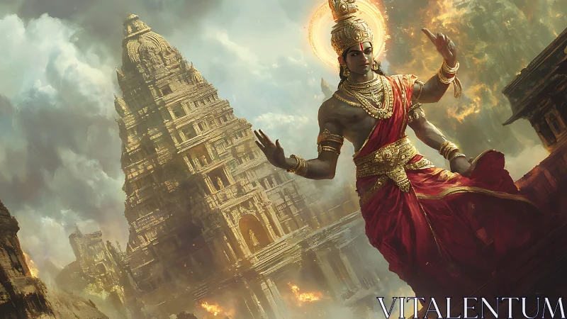 Divine warrior before towering temple in burning skies.