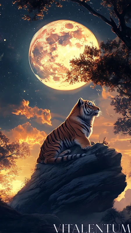Celestial tiger poised on moonlit cliff in luminous dusk sky.