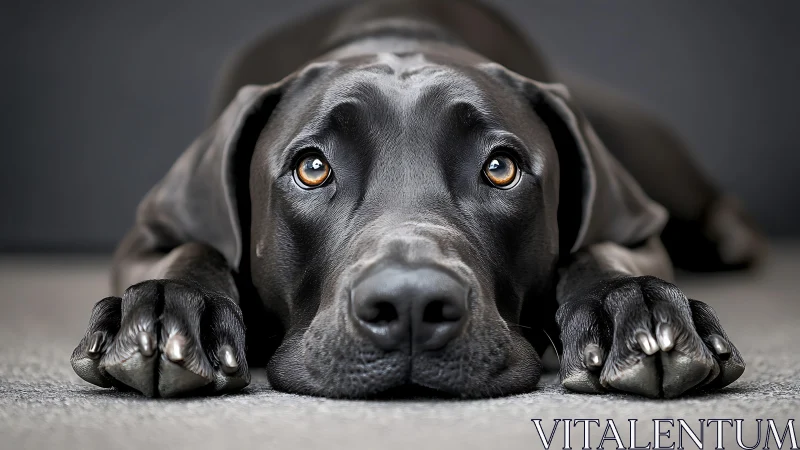 Black dog lying down with paws forward and direct gaze.