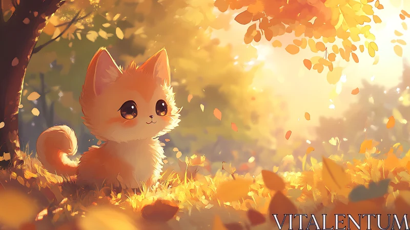 Illustrated small foxlike creature sits in backlit autumn field