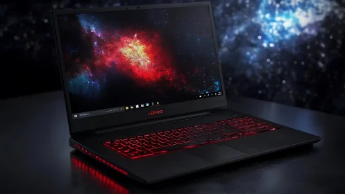 Starlit gaming laptop ignites galaxies on a crimson keyboard.