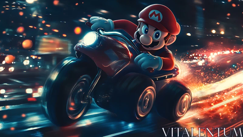 Kart racer speeds through neon city streets at night