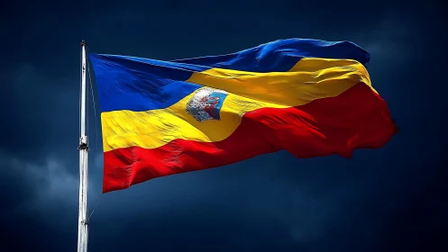 Vibrant tricolor flag waves boldly against stormy sky
