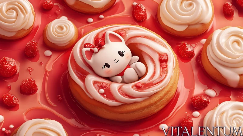 Whimsical 3D Character Nestled in Strawberry-Frosted Pastry Composition.