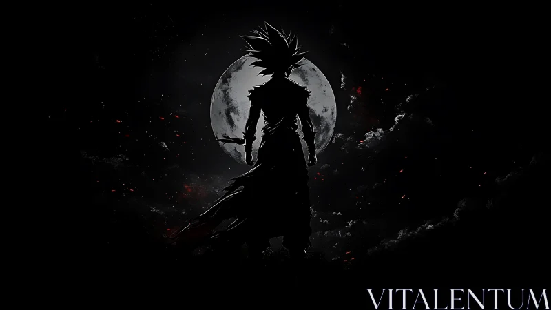 Silhouetted warrior under lunar backlight in dark anime style.