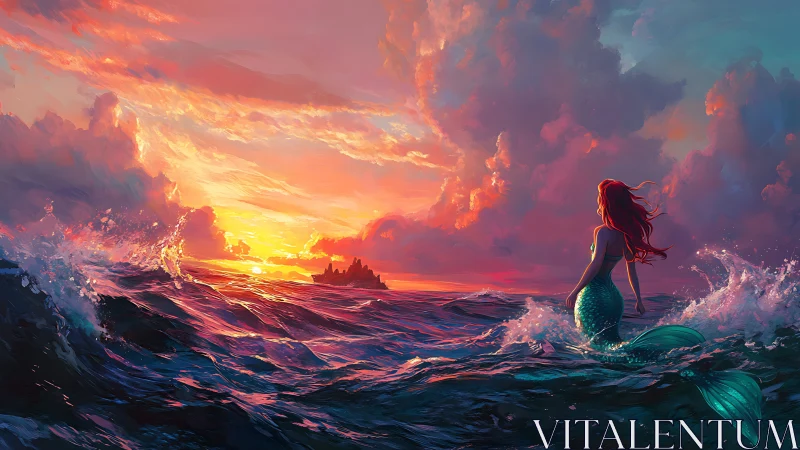 Curious mermaid gazes toward a glowing island sunset at sea.