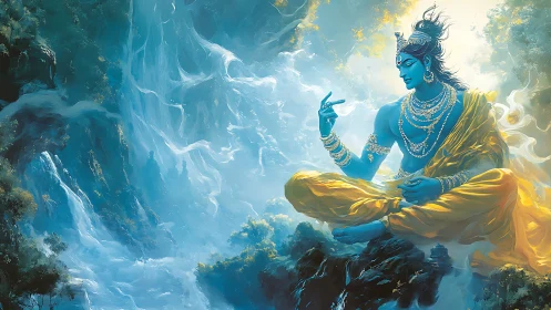 Blue meditative deity levitates above luminous mountain falls