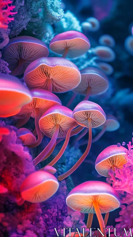 Neon bioluminescent mushrooms in saturated coral forest.