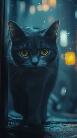 Black cat with yellow eyes stares directly from urban night setting.