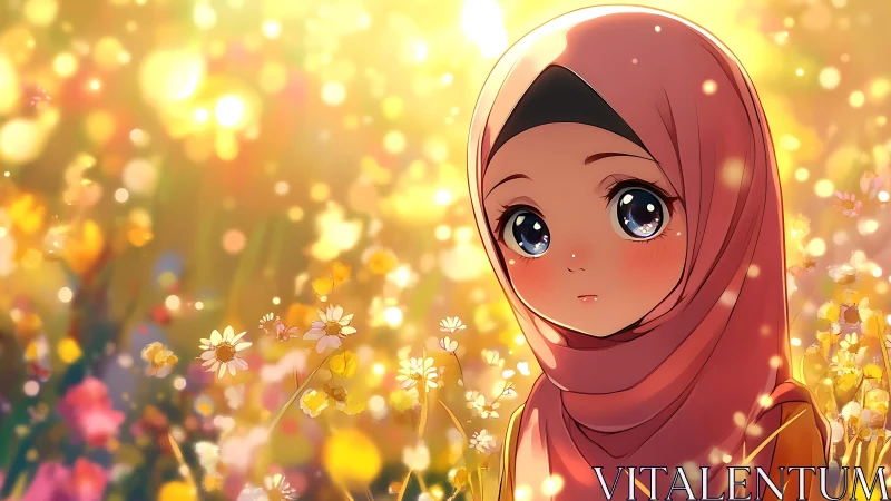 Softly lit anime girl in pink hijab amid backlit flower field