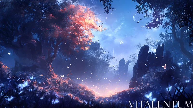 Bioluminescent forest clearing with atmospheric depth and glowing fauna