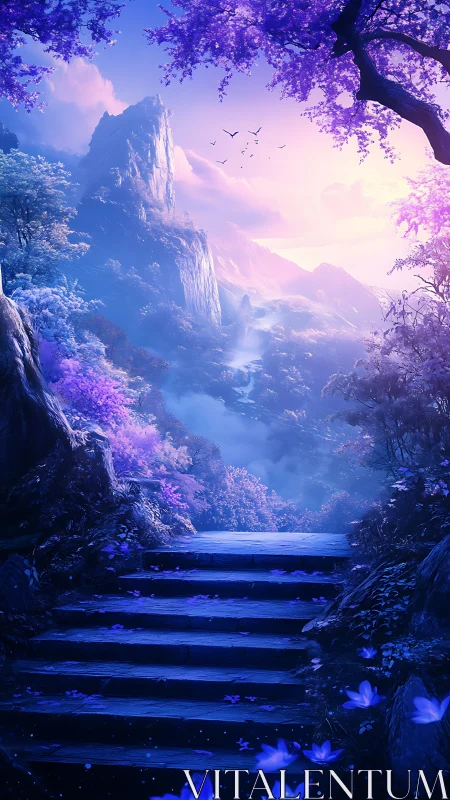 Stepped forest path leading toward distant misty peaks.