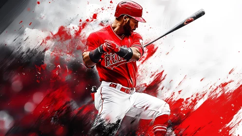 Dynamic baseball slugger in bold red and white motion art.