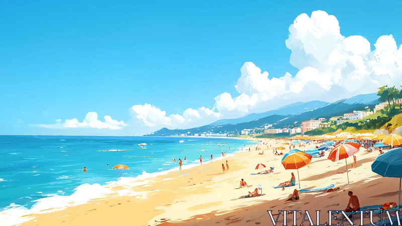 Sunlit umbrellas gossip across a bustling seaside boulevard