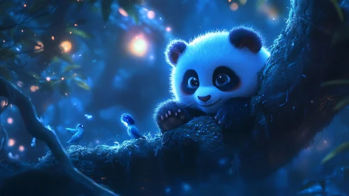 Baby panda rests on forest branch observing glowing birds