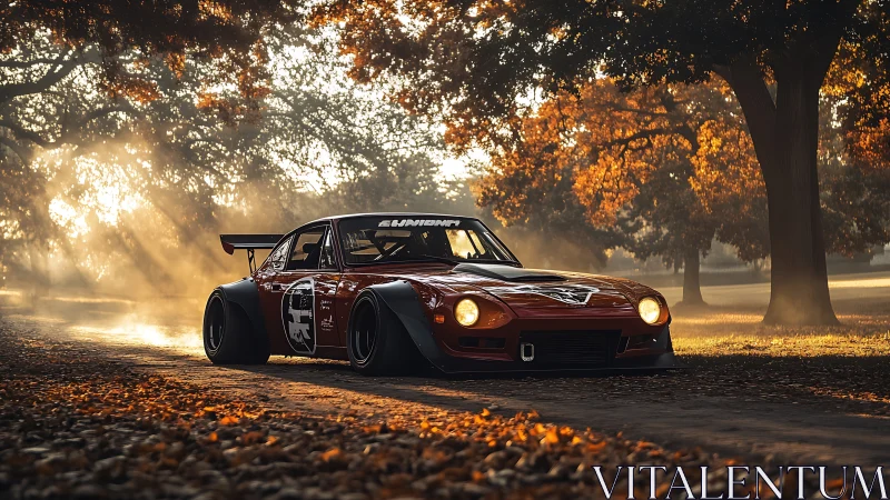 Widebody race car under golden autumn backlight on lane.