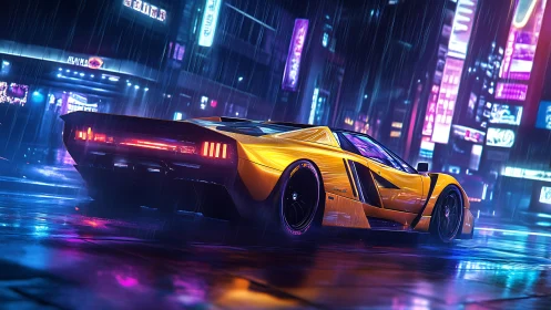 Cyberpunk rain-soaked supercar with neon urban reflections.