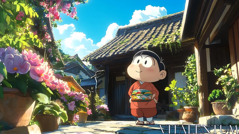 Sunlit courtyard child with lunch box in floral village scene.