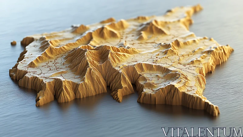 Three-Dimensional Topographical Map Model Rendered with Heightened Terrain Visualization.