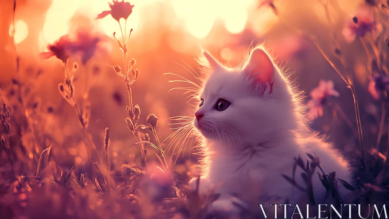 White Kitten in a Dreamy Field of Wildflowers