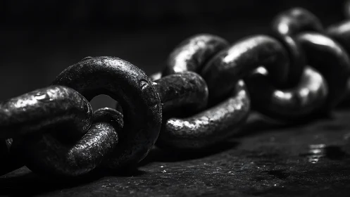 Steel chain macro shows textured links in harsh contrast.