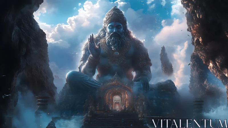 Colossal seated deity statue guarding mist-laden mountain temple