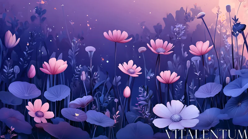 Enchanted Flower Garden Under Purple Twilight Glow