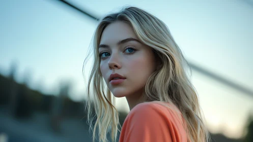 Soft evening portrait of blonde woman in serene outdoor light.