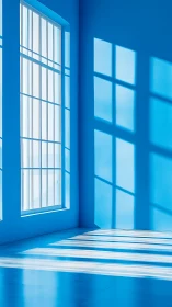Tall window casts gridded shadows across a blue interior wall