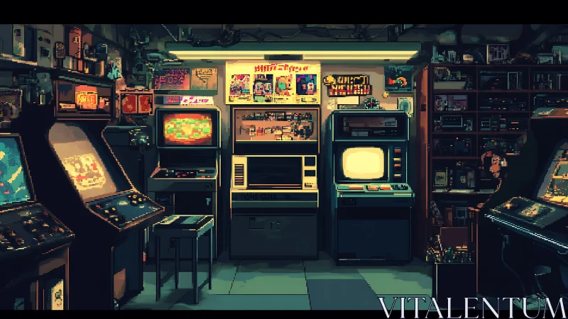Dimly lit retro arcade room with vintage game cabinets.