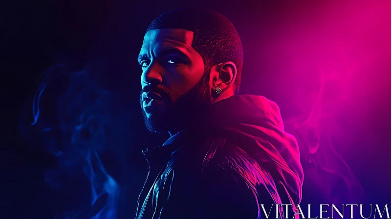 Portrait subject in dual-tone neon rim lighting turns sideways