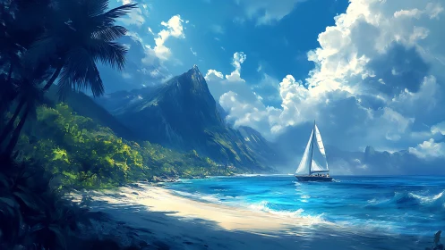 Sunlit sailboat drifting along a peaceful tropical shoreline.