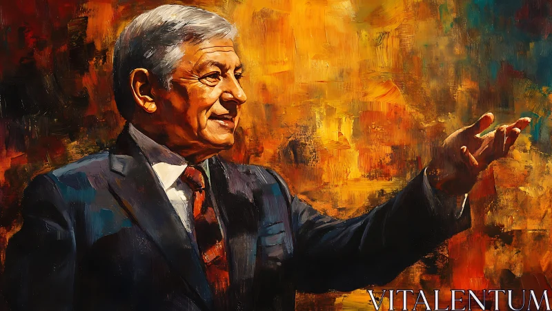Oil portrait of older man in suit gesturing before warm backdrop
