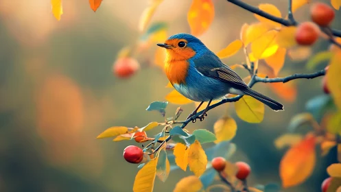Vibrant Robin on Autumn Branch in Soft-Focus Nature Photography.
