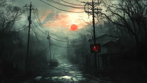 Deserted street with power lines under red sun at dusk.