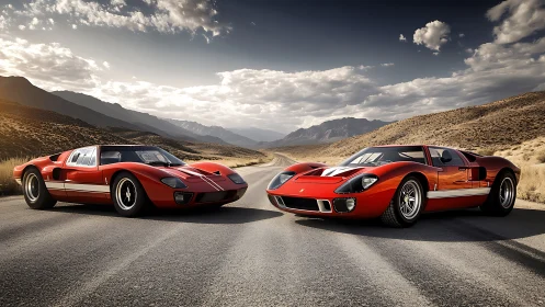 Twin crimson GT legends idle beneath a storm-lit desert sky.