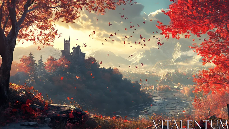 Mountain valley river and distant castle in autumn light.