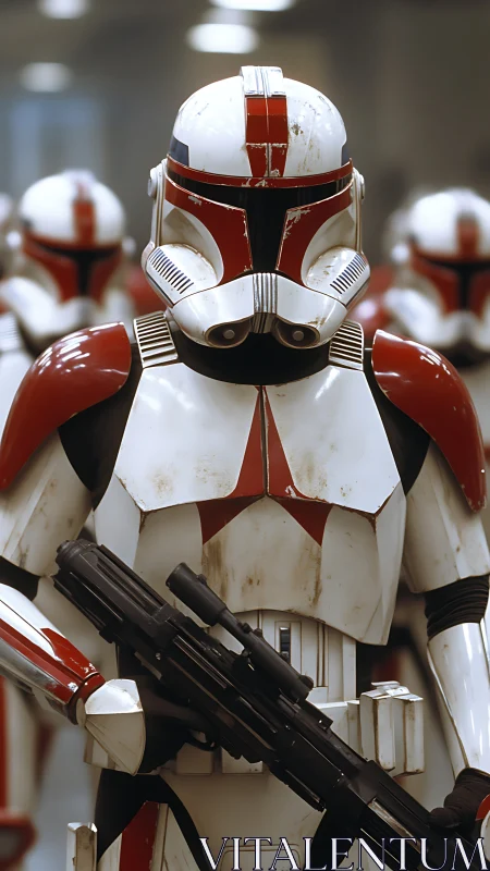 Armored sci fi soldier with blaster in formation line.